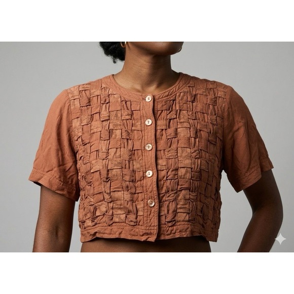 c.w studio Tops - Y2K Whimsigoth Smocked Texture Button Crop Top Rust Brown Basketweave Shirt SZ L